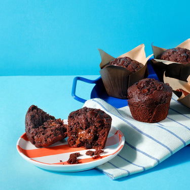 Two of our Chocolate Muffins, supplied wholesale to coffee shops and cåfes, on a plate